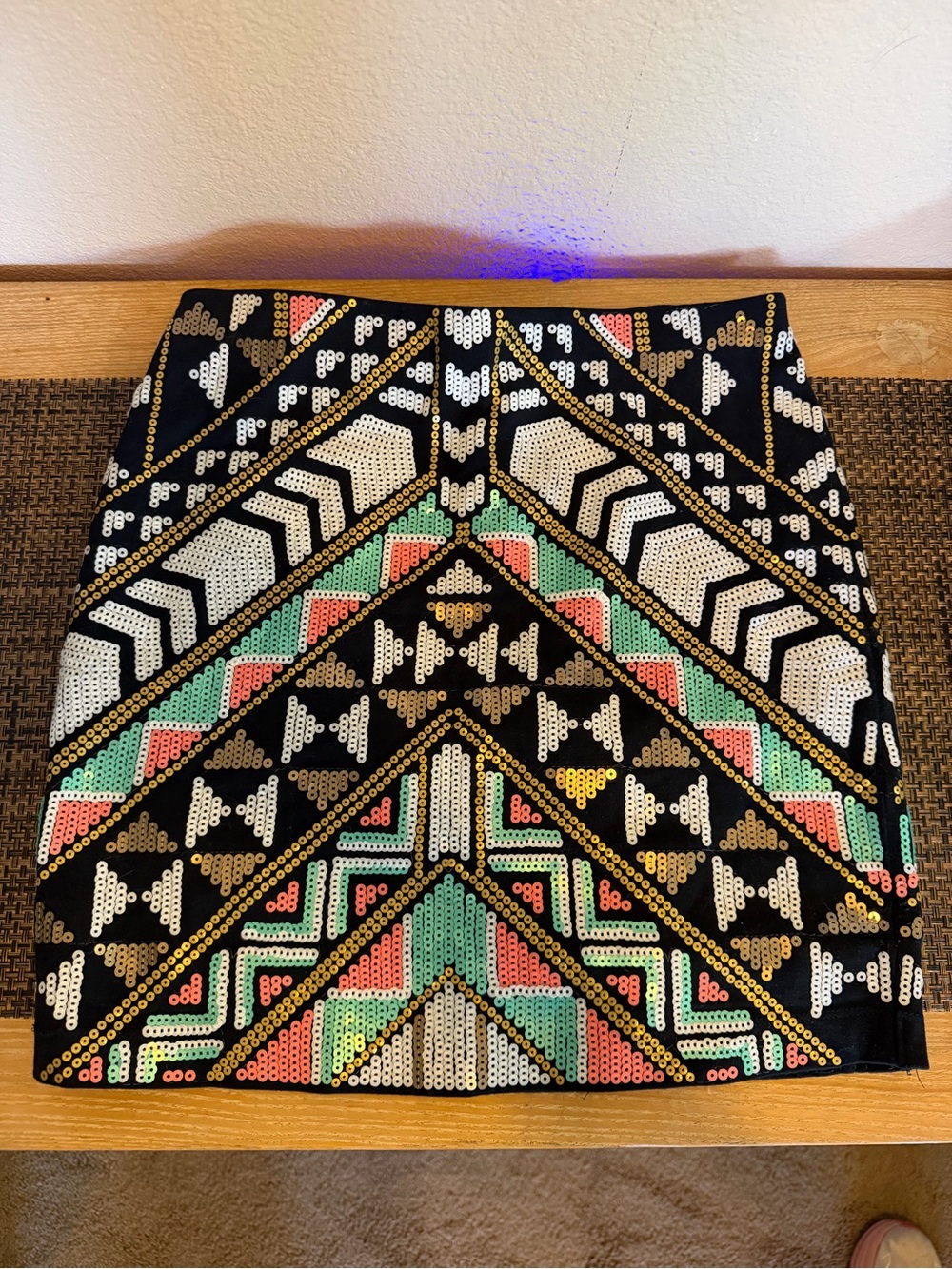 Express Black Mini Skirt with Gold, White, Pink & Mint Sequin Aztec Pattern - Picture 1 of 3